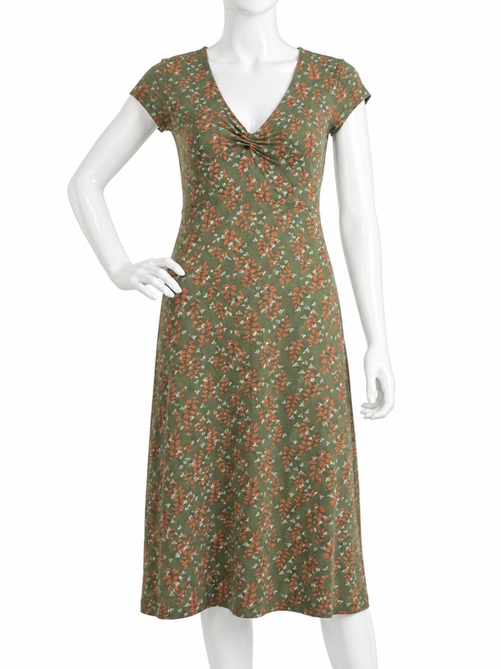 Toad&Co Midi Dress Medium Olive Green Coral Print Twist Neck Organic Cotton
